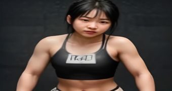 CrossFit Games女子组运动员完成翻轮胎项目，全身肌肉协调发力，动态写真风格拍摄